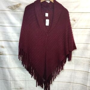 Christopher & Banks Knitted Burgundy Fringe Poncho/Cape, Size One Size
